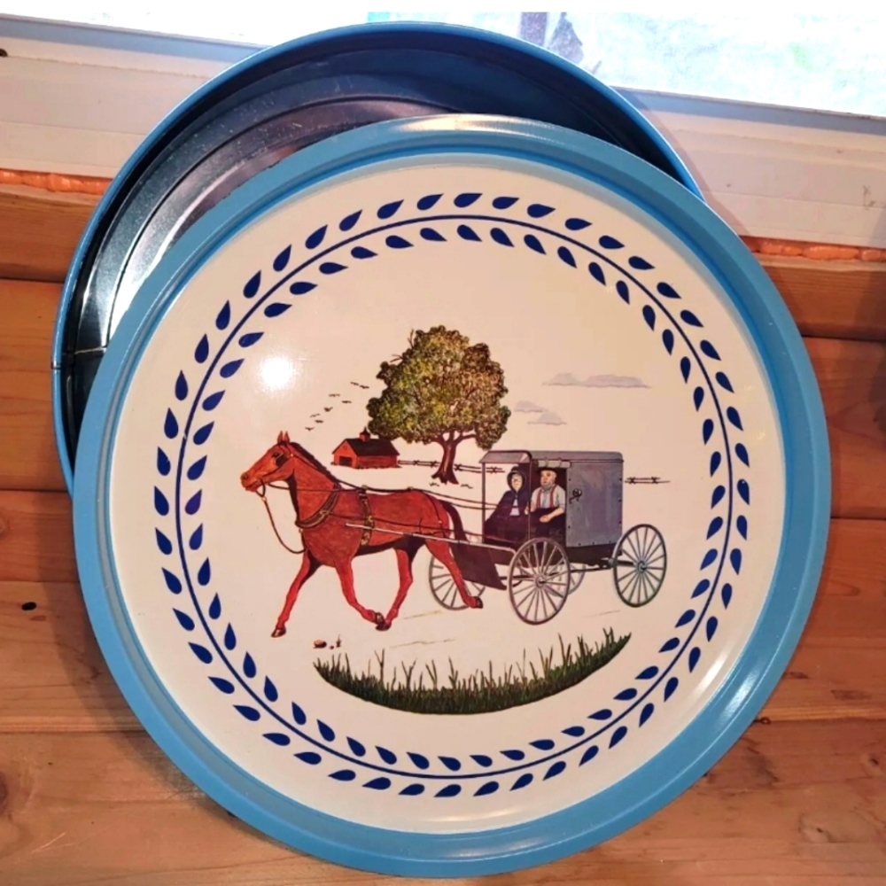 Vintage Tin & Serving Tray Canister with Pennsylvania Dutch Amish Buggy, Peacock
